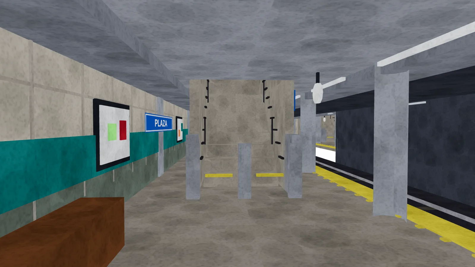 The metro platform: tiled walls, a hanging PLAZA sign, pillars, a bench and the track beyond the yellow edge strip